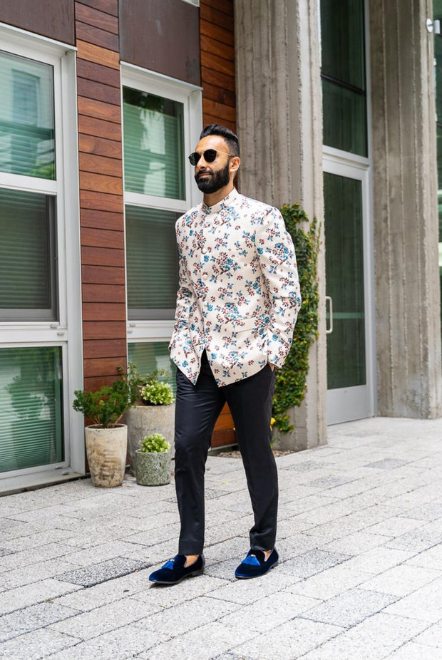 Made by Saffron Lane, Modern Indian Menswear, Indo western men's clothing. Bandghala jacket with floral print on an Ivory base. Perfect for Indian wedding or dinner party. 