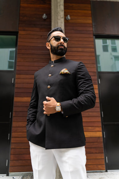 Made by saffron lane, modern indian men's clothing, Indo Western men's clothing. Black, Premium Quality, Wool Bandghala Jacket. Perfect for Indian wedding reception