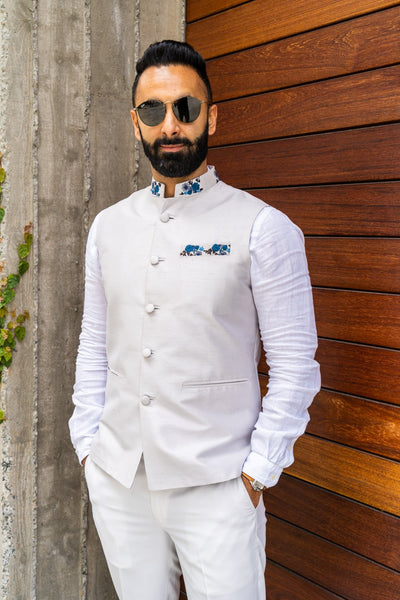 Made by Saffron Lane, modern Indian menswear, Indo western men's clothing. Light grey silk blend nehru vest. Perfect for Indian wedding, Mehndi, or Sangeet party